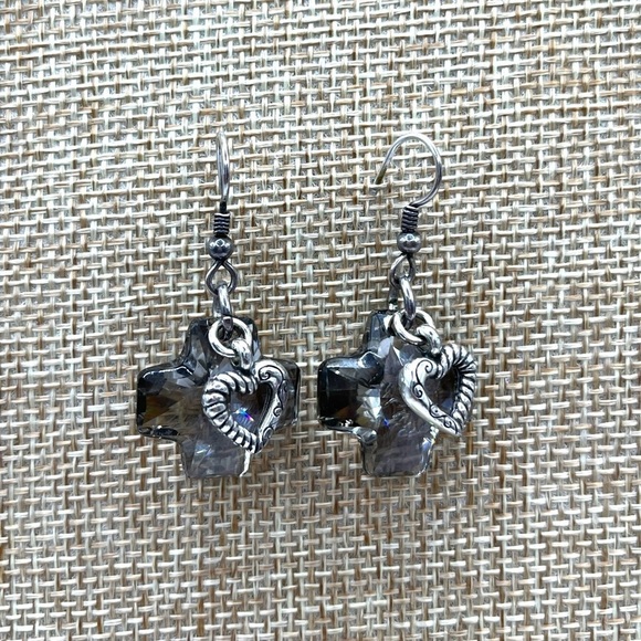 Brighton Crystal Karma Cross Earrings with Heart Charms Silver Plated Dangle - Picture 1 of 12